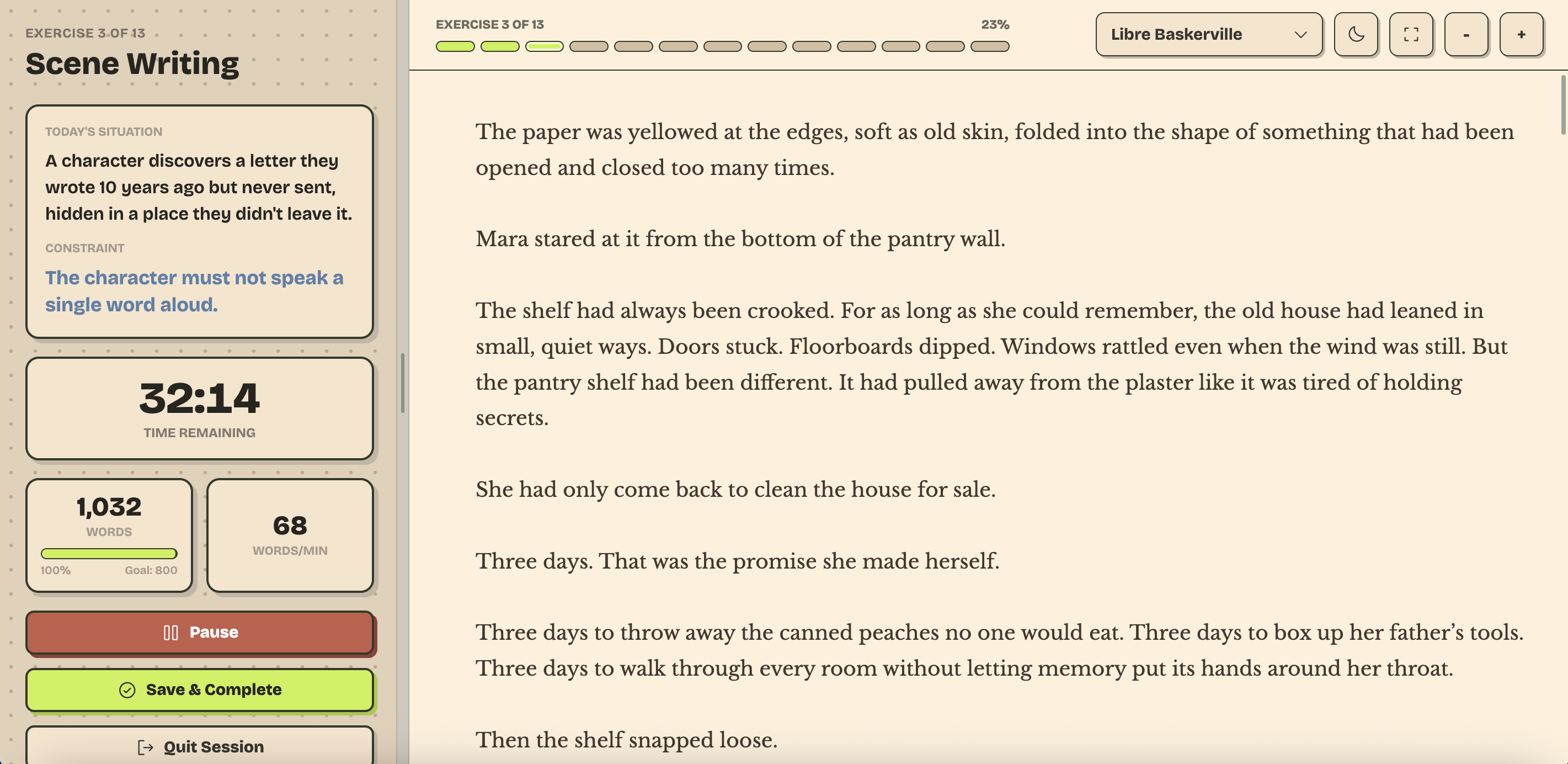 WritingPractice.app scene writing session showing a writing prompt, timer, word count, and long-form writing area.