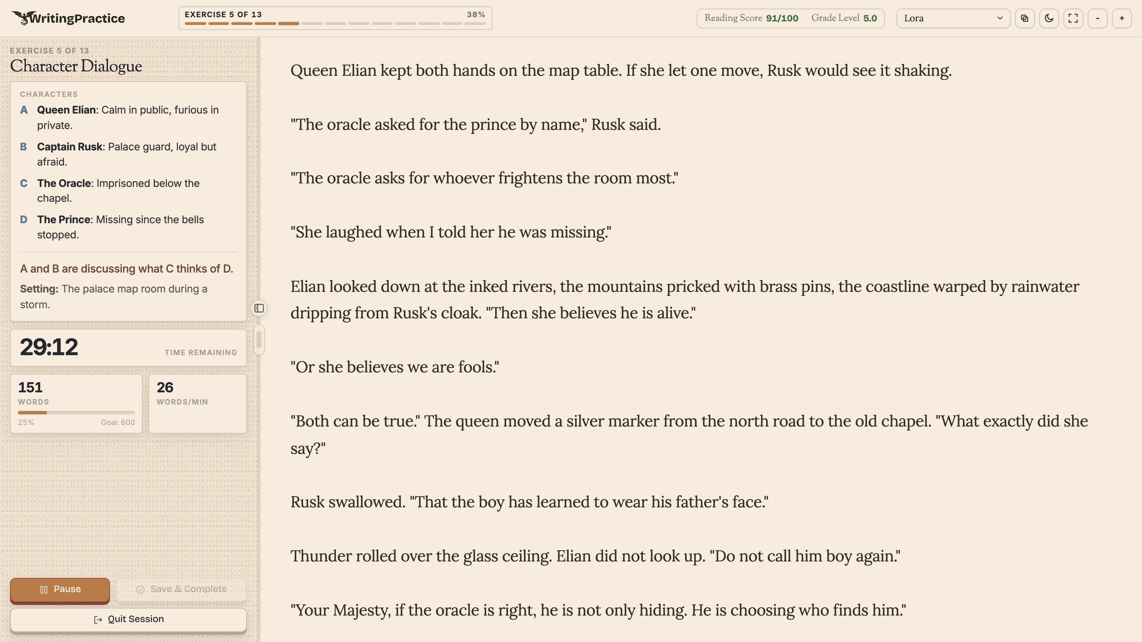 Character Dialogue exercise page with ABCD character setup and a drafted dialogue scene.
