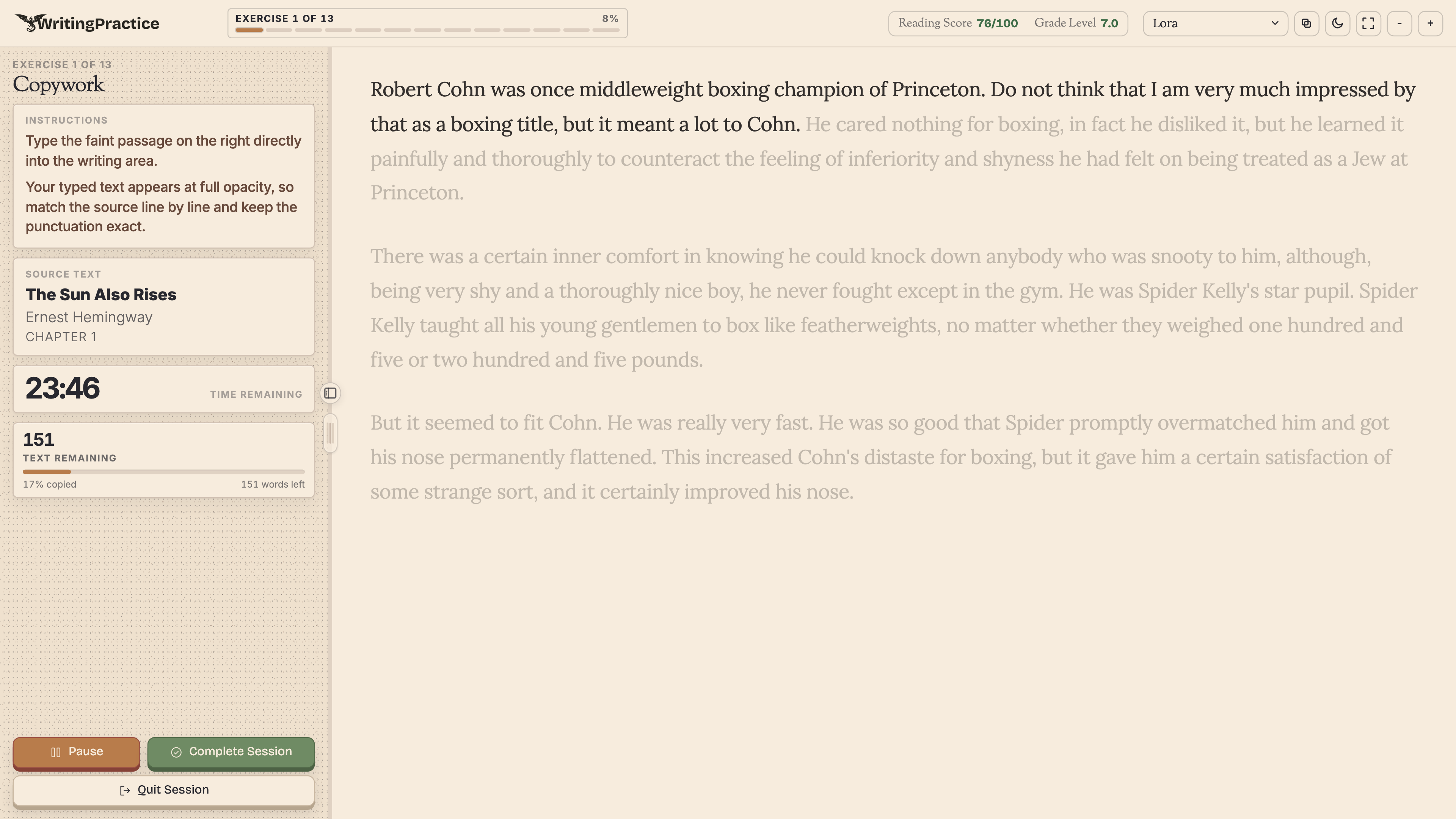 Copywork exercise page with source passage, typed overlay, progress controls, and copywork stats.