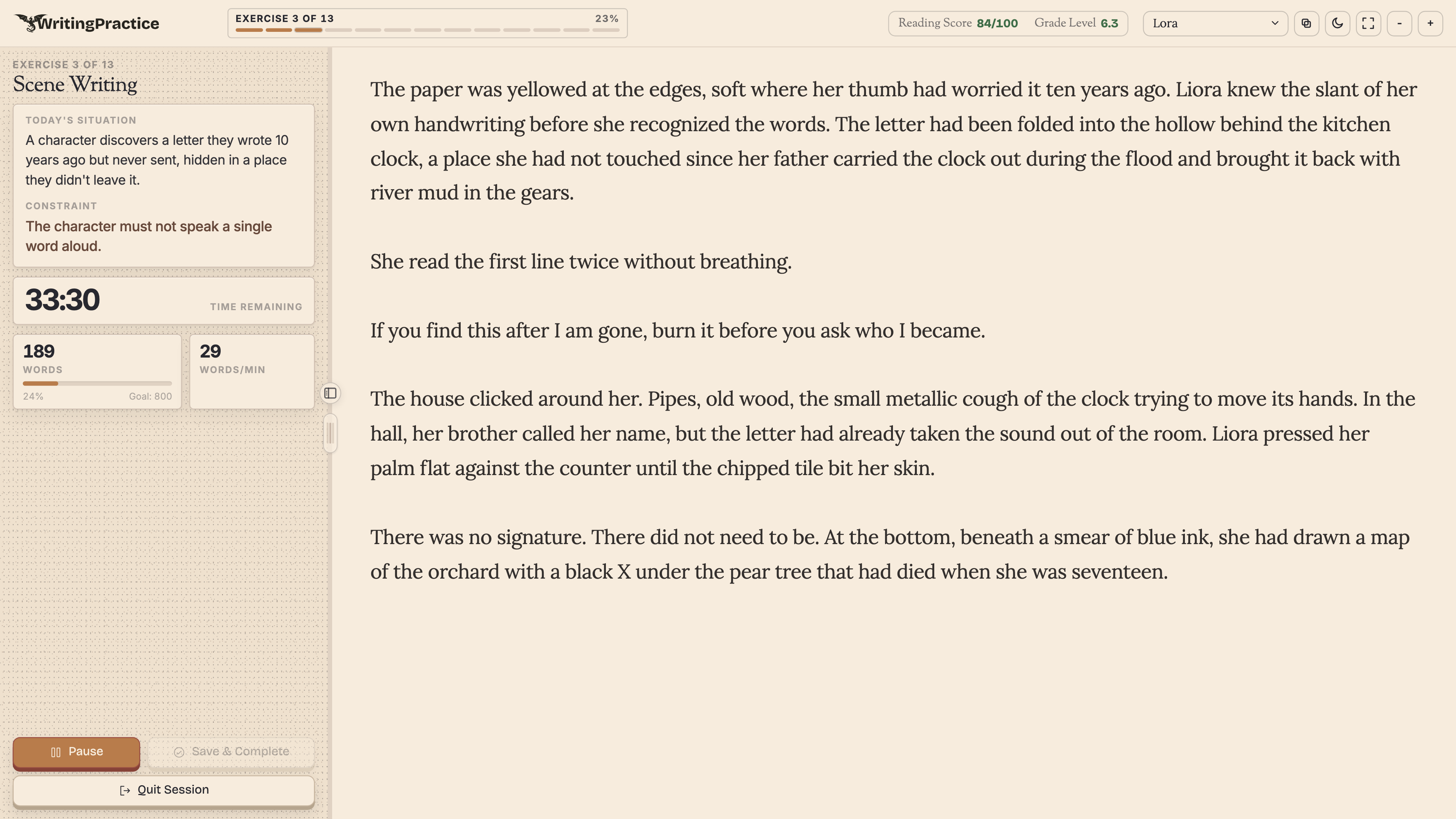 Scene Writing exercise page with a situation prompt, timer, word stats, and in-progress fiction draft.