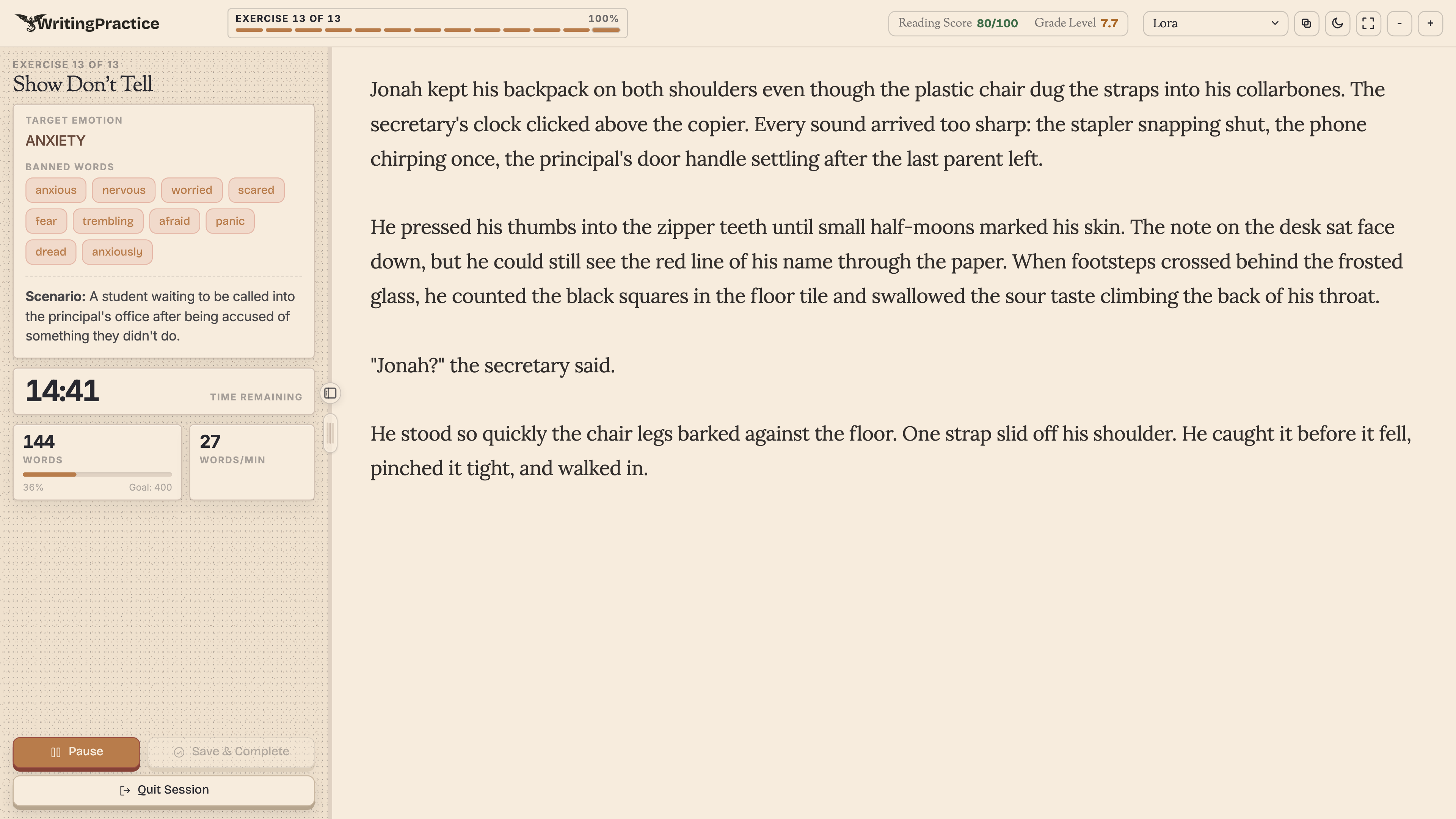Show Don't Tell exercise page with an anxiety prompt, timer, word stats, reading score, grade level, and in-progress fiction draft.