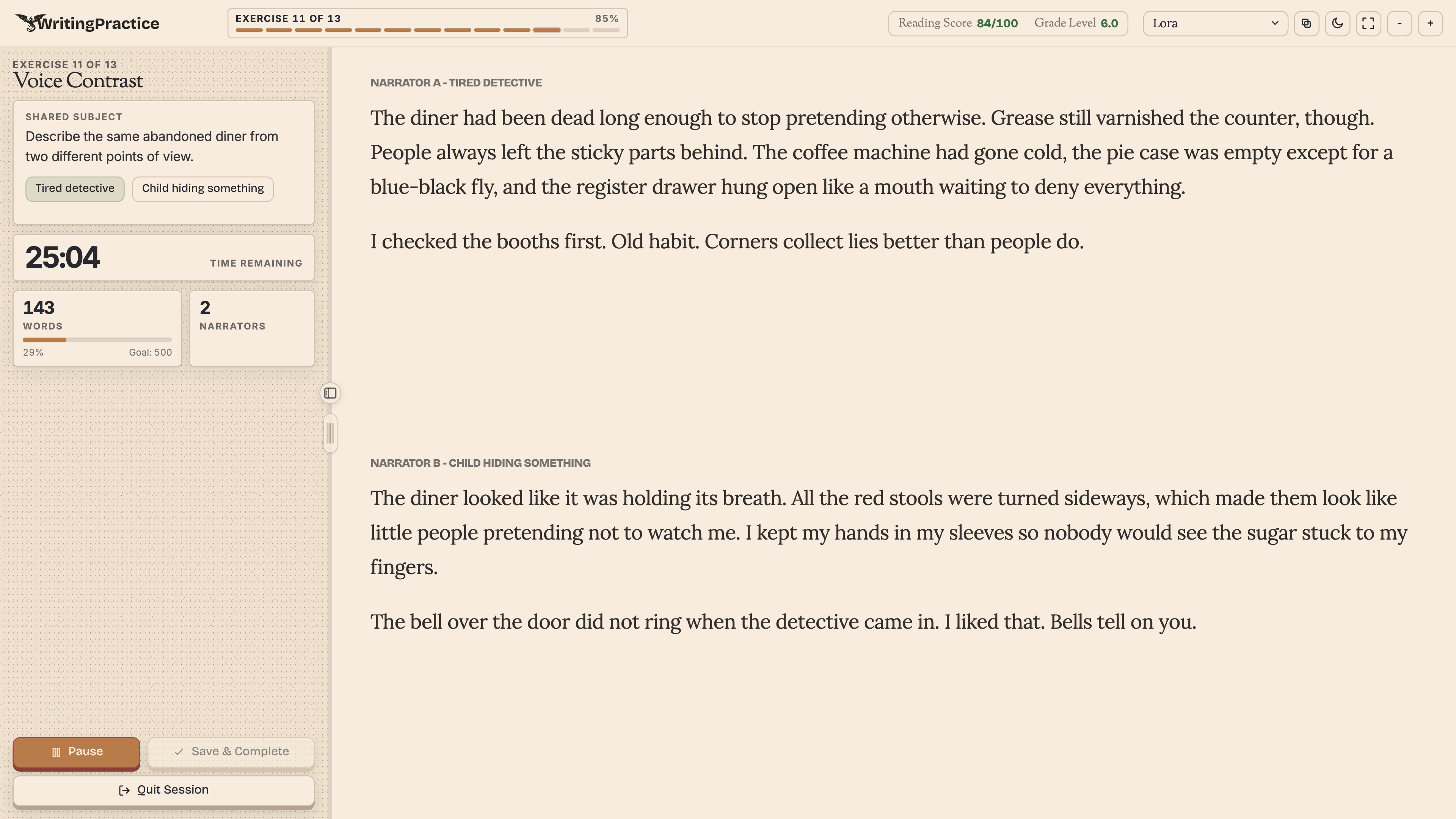 Voice Contrast exercise page with two narrator drafts using different sentence rhythm and diction.